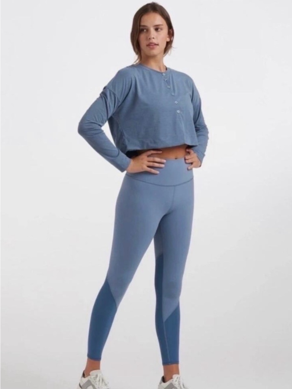 18. Vuori Avalon Long-Sleeve Cropped Henley Top in Dusty Blue